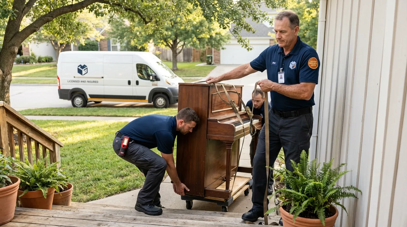 Licensed piano movers securing grand piano in Ridgeville, SC