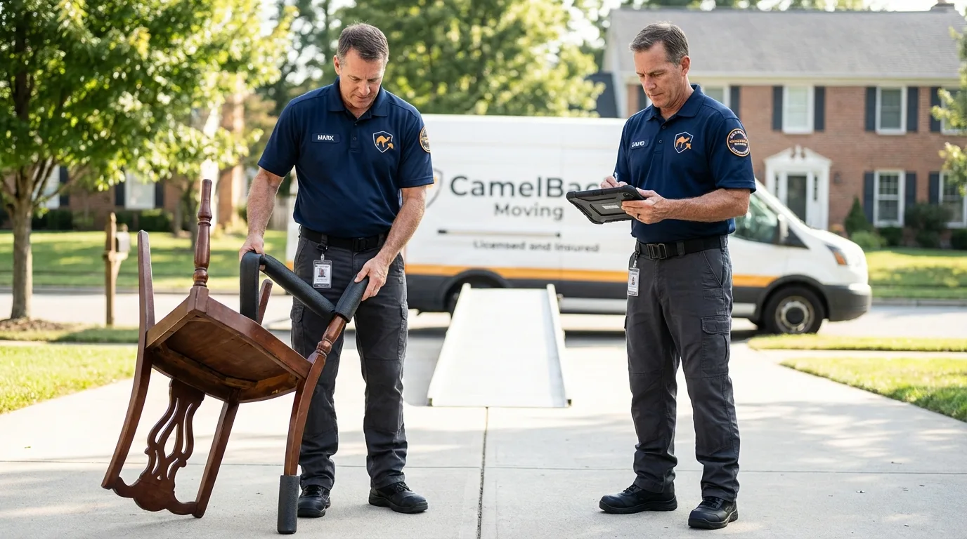 Movers inspecting furniture for damage prevention before loading in Ridgeville, SC