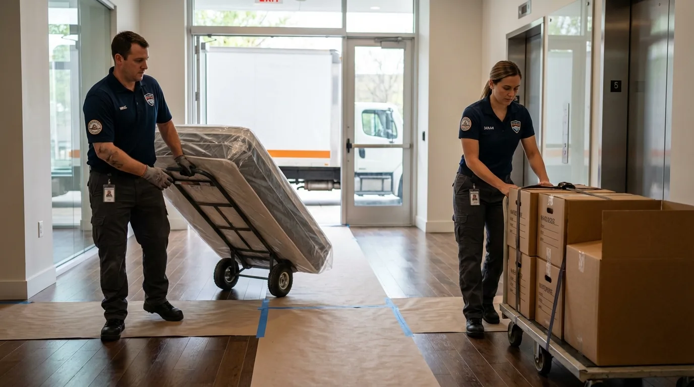 Professional apartment movers loading elevator in Ridgeville, SC